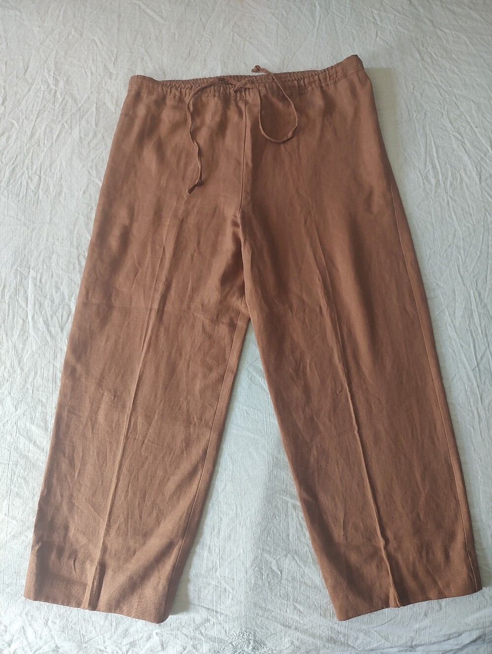 Women Linen 100% Casual Drawstring Pants Brown High Rise